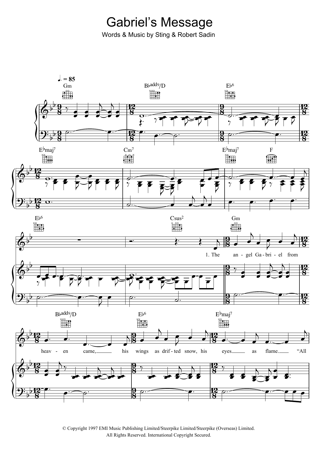 Download Sting Gabriel's Message Sheet Music and learn how to play Piano, Vocal & Guitar PDF digital score in minutes