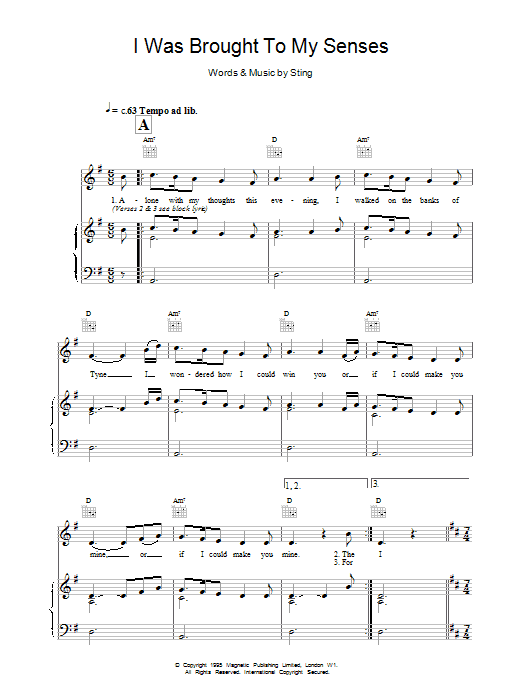 Download Sting I Was Brought To My Senses Sheet Music and learn how to play Piano, Vocal & Guitar (Right-Hand Melody) PDF digital score in minutes