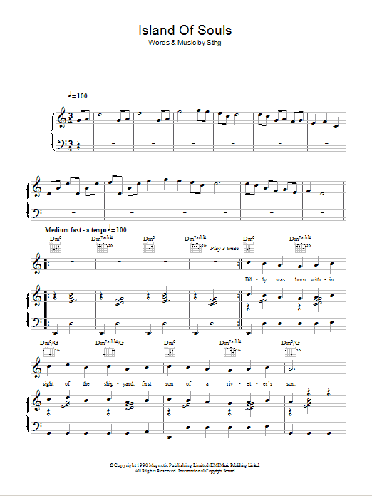 Download Sting Island Of Souls Sheet Music and learn how to play Piano, Vocal & Guitar (Right-Hand Melody) PDF digital score in minutes