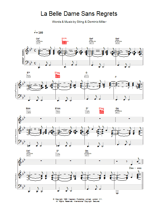 Download Sting La Belle Dame Sans Regrets Sheet Music and learn how to play Piano, Vocal & Guitar (Right-Hand Melody) PDF digital score in minutes