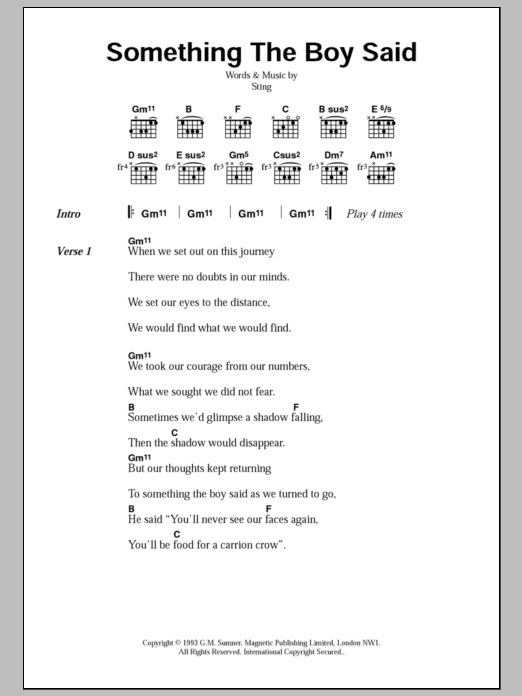 Download Sting Something The Boy Said Sheet Music and learn how to play Lyrics & Chords PDF digital score in minutes