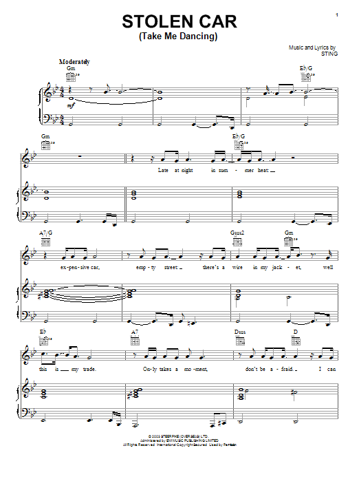 Download Sting Stolen Car (Take Me Dancing) Sheet Music and learn how to play Piano, Vocal & Guitar (Right-Hand Melody) PDF digital score in minutes