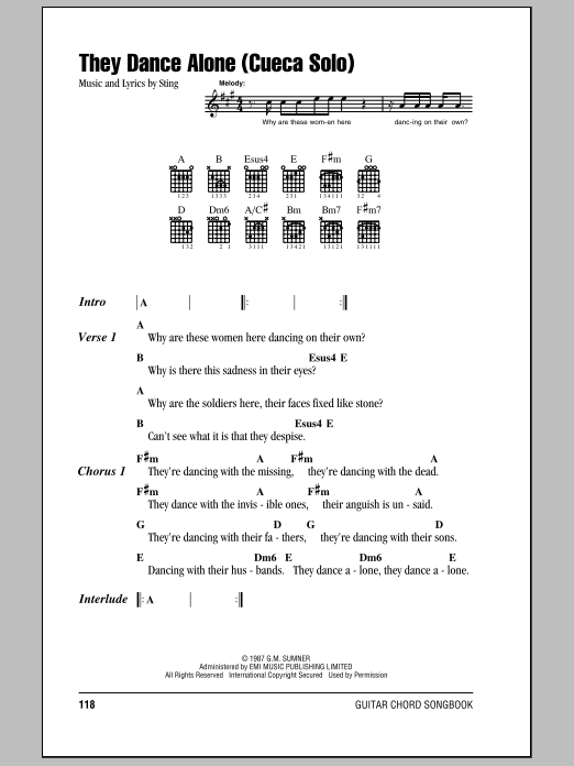 Download Sting They Dance Alone (Cueca Solo) Sheet Music and learn how to play Piano, Vocal & Guitar (Right-Hand Melody) PDF digital score in minutes