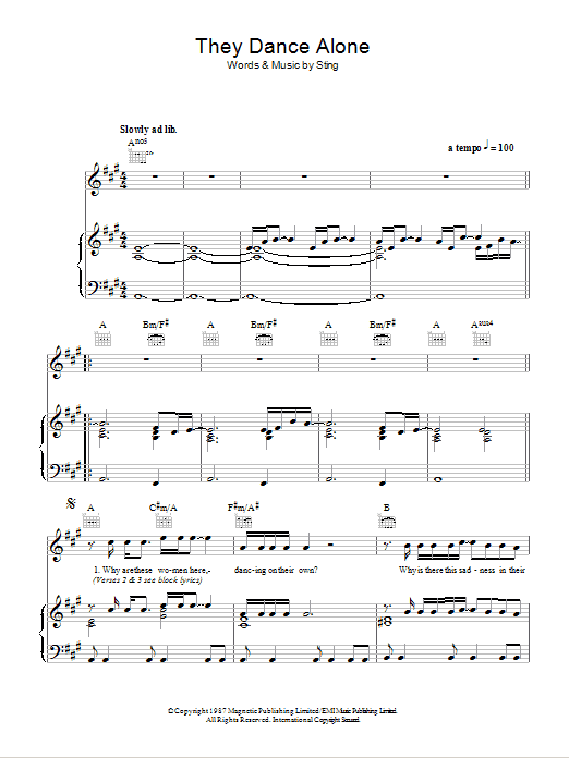 Download Sting They Dance Alone (Gueca Solo) Sheet Music and learn how to play Piano, Vocal & Guitar (Right-Hand Melody) PDF digital score in minutes