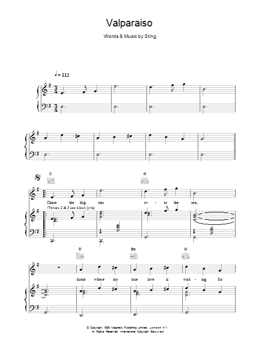 Download Sting Valparaiso Sheet Music and learn how to play Piano, Vocal & Guitar (Right-Hand Melody) PDF digital score in minutes