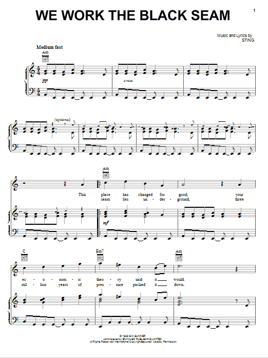 Download Sting We Work The Black Seam Sheet Music and learn how to play Piano, Vocal & Guitar (Right-Hand Melody) PDF digital score in minutes