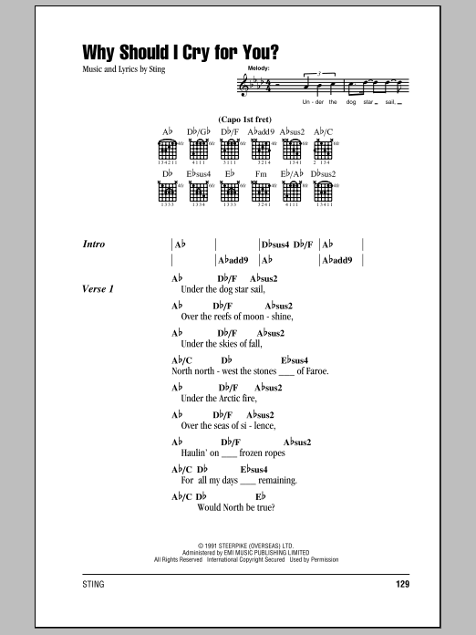 Download Sting Why Should I Cry For You? Sheet Music and learn how to play Piano, Vocal & Guitar (Right-Hand Melody) PDF digital score in minutes