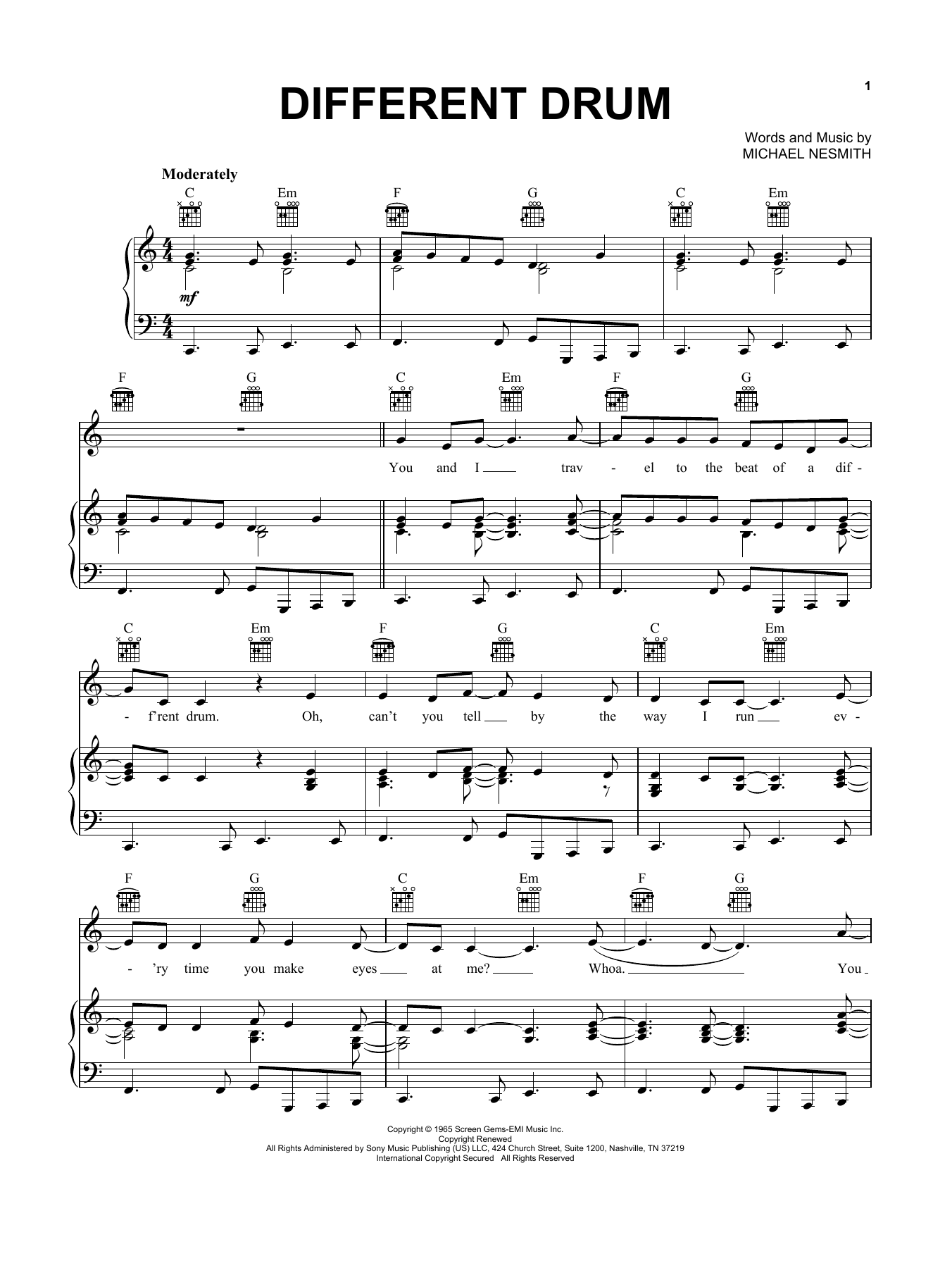 Download Stone Poneys and Linda Ronstadt Different Drum Sheet Music and learn how to play Piano, Vocal & Guitar Chords (Right-Hand Melody) PDF digital score in minutes