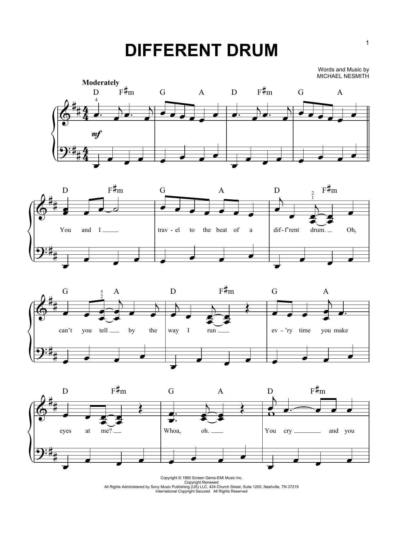 Download Stone Poneys Different Drum (feat. Linda Rondstadt) Sheet Music and learn how to play Easy Piano PDF digital score in minutes