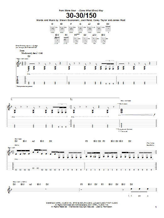Download Stone Sour 30-30/150 Sheet Music and learn how to play Guitar Tab PDF digital score in minutes