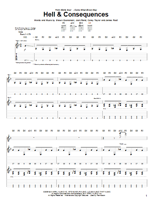 Download Stone Sour Hell & Consequences Sheet Music and learn how to play Guitar Tab PDF digital score in minutes