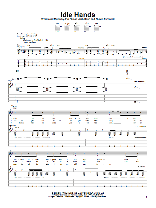 Download Stone Sour Idle Hands Sheet Music and learn how to play Guitar Tab PDF digital score in minutes