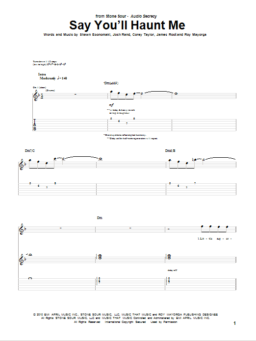 Download Stone Sour Say You'll Haunt Me Sheet Music and learn how to play Guitar Tab PDF digital score in minutes