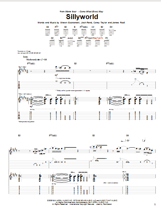 Download Stone Sour Sillyworld Sheet Music and learn how to play Guitar Tab PDF digital score in minutes