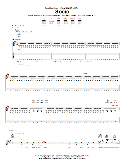 Download Stone Sour Socio Sheet Music and learn how to play Guitar Tab PDF digital score in minutes