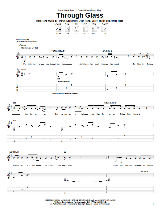 Download Stone Sour Through Glass Sheet Music and learn how to play Guitar Tab PDF digital score in minutes