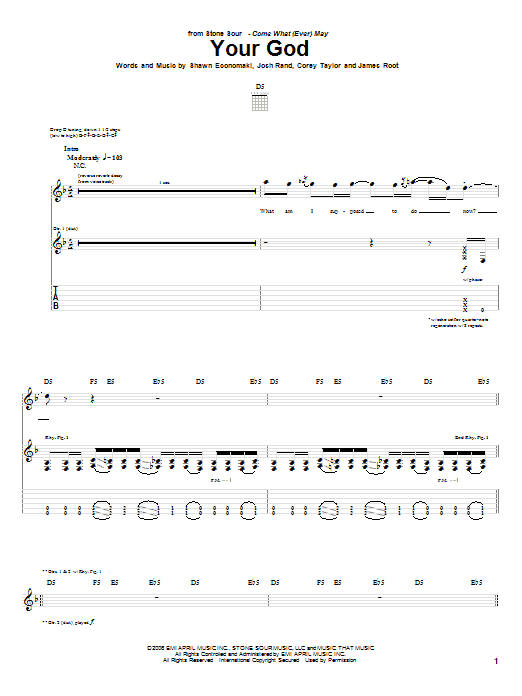 Download Stone Sour Your God Sheet Music and learn how to play Guitar Tab PDF digital score in minutes