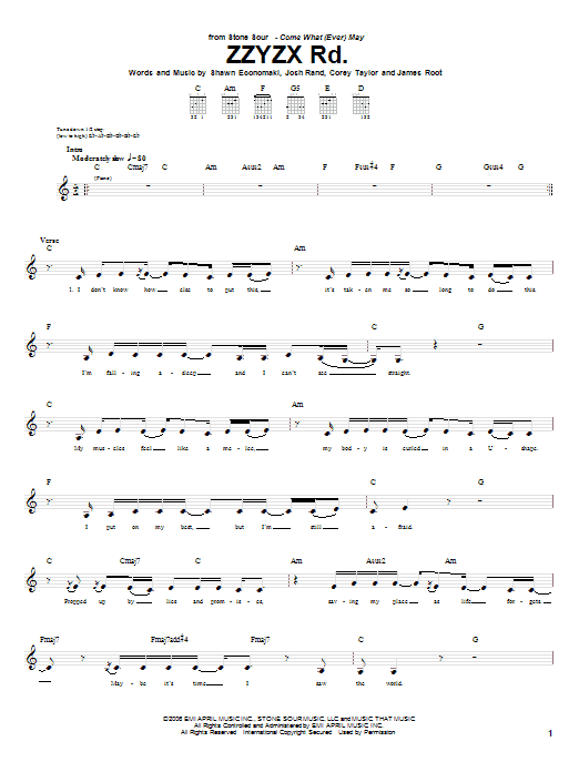 Download Stone Sour ZZYZX Rd. Sheet Music and learn how to play Guitar Tab PDF digital score in minutes