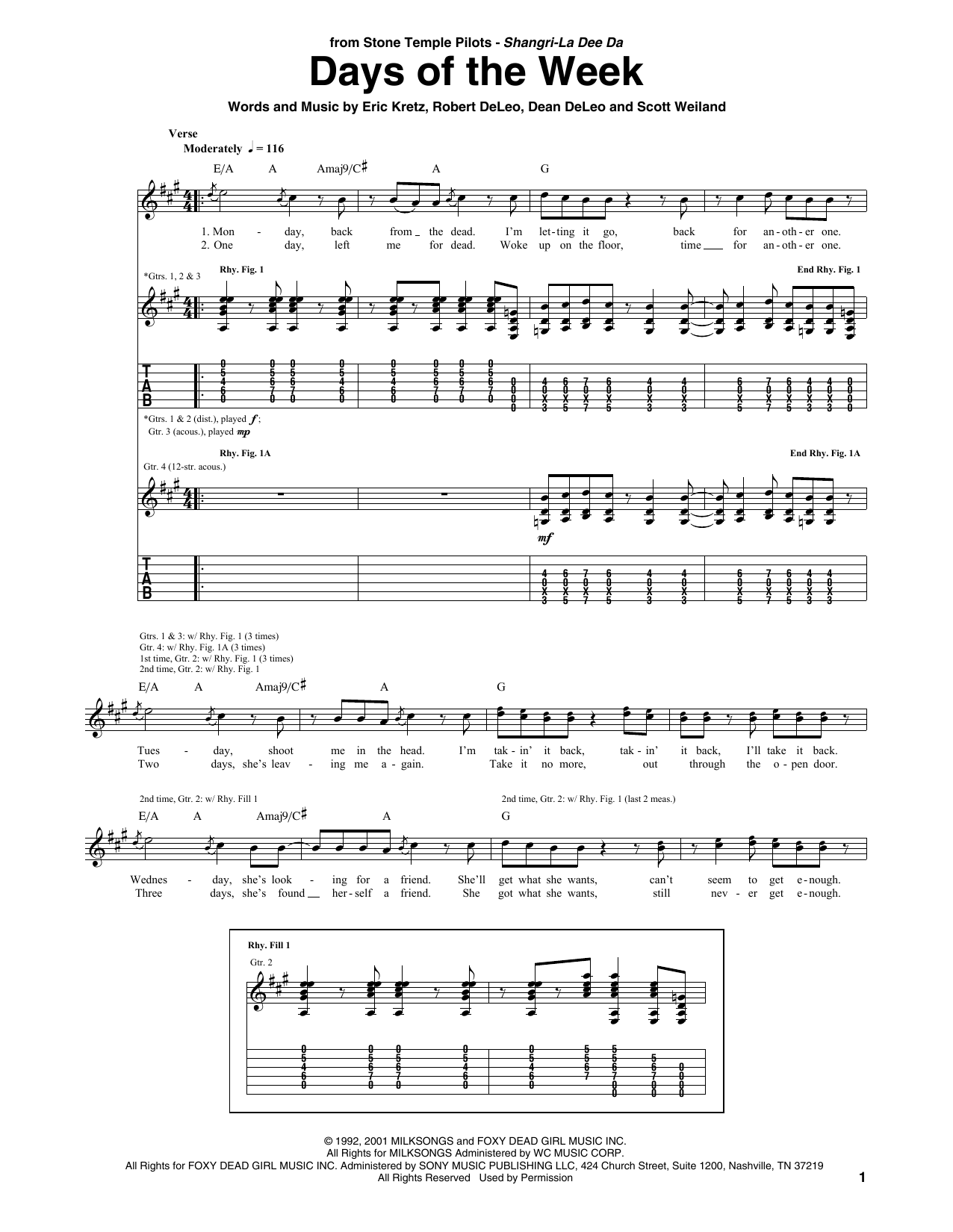 Download Stone Temple Pilots Days Of The Week Sheet Music and learn how to play Guitar Tab PDF digital score in minutes