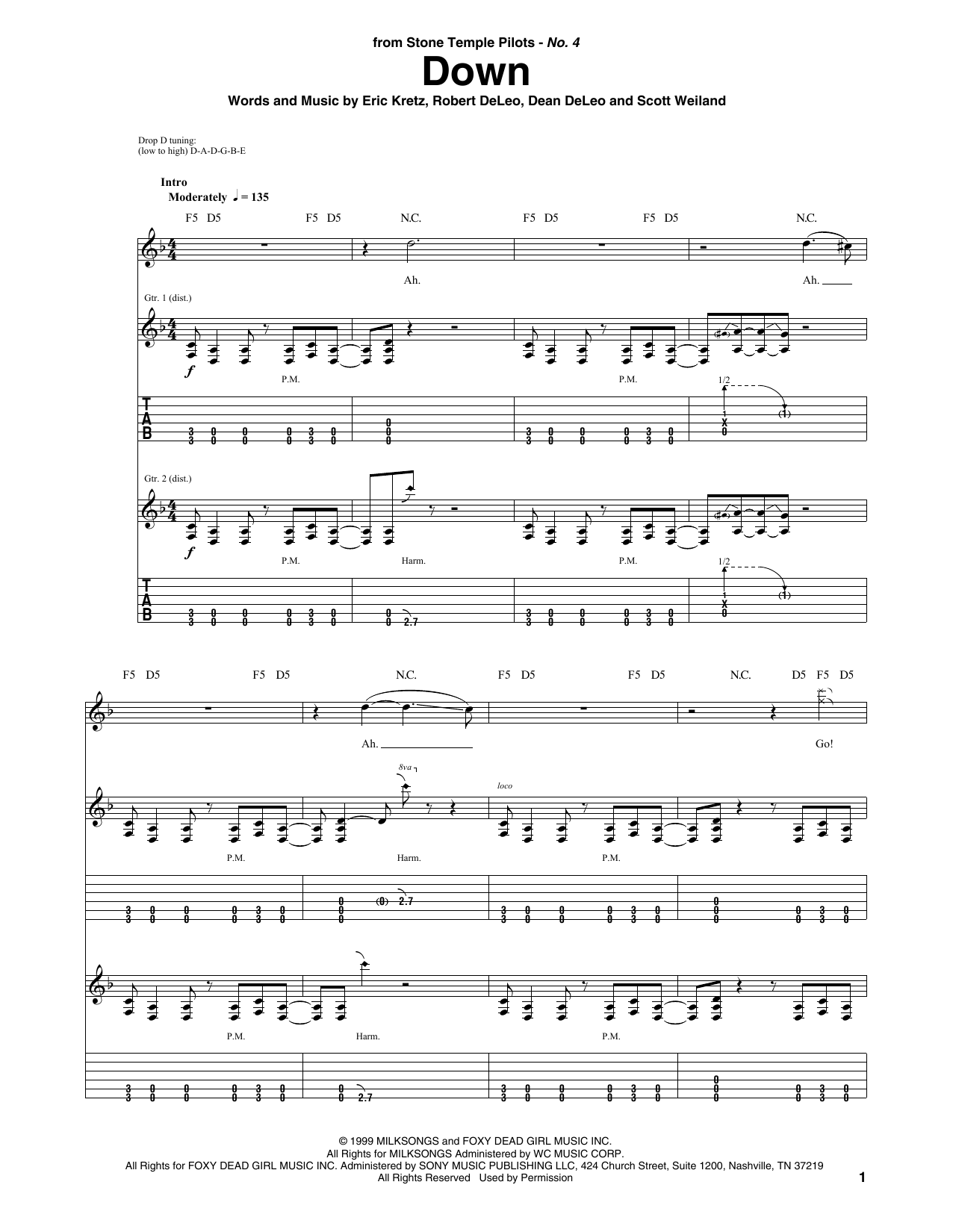 Download Stone Temple Pilots Down Sheet Music and learn how to play Guitar Tab PDF digital score in minutes