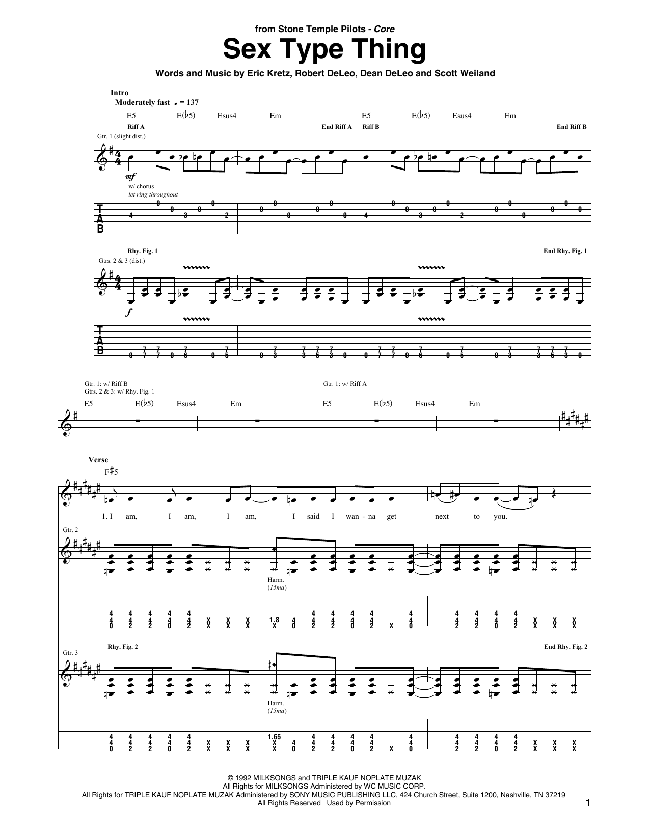 Download Stone Temple Pilots Sex Type Thing Sheet Music and learn how to play Guitar Tab PDF digital score in minutes