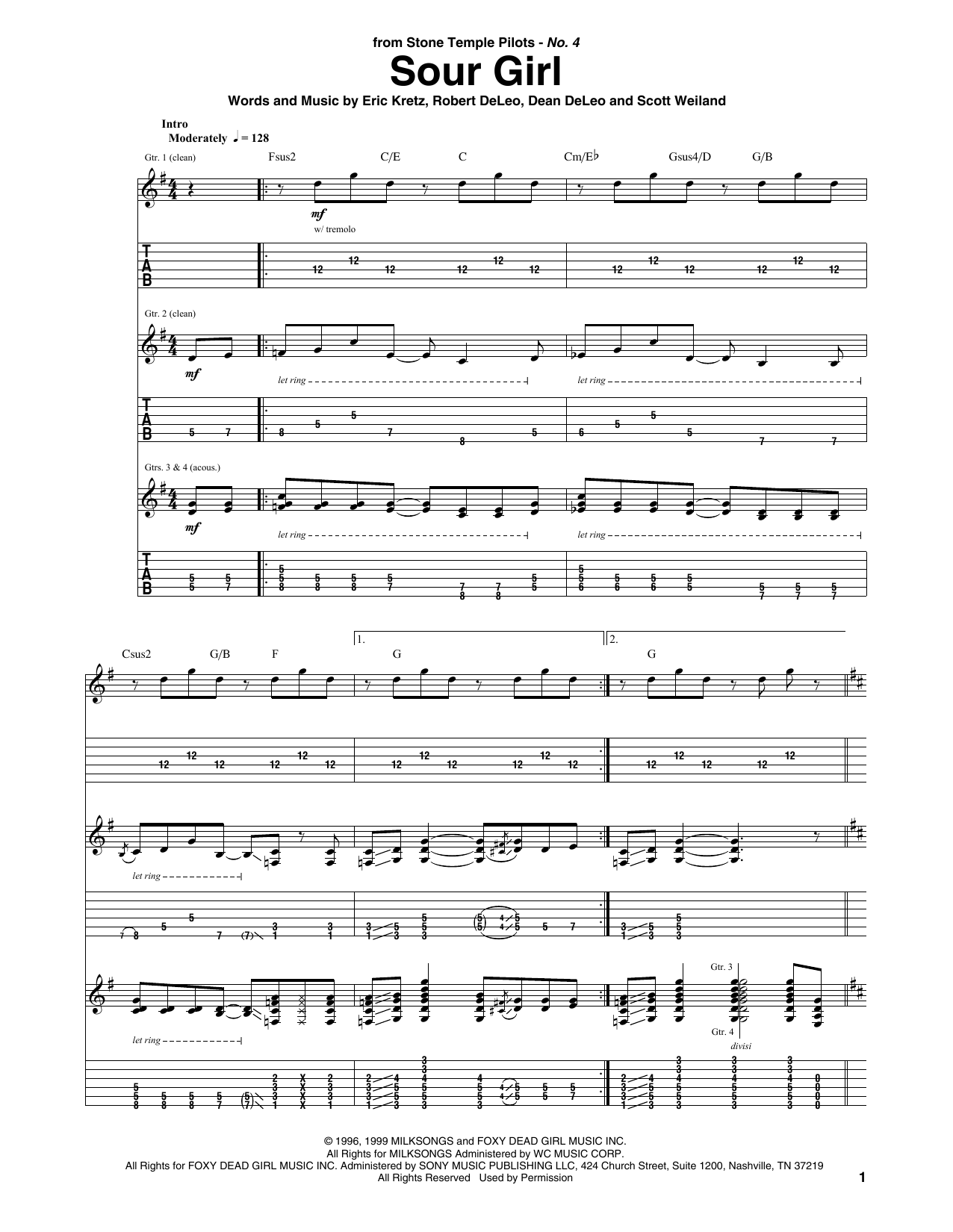 Download Stone Temple Pilots Sour Girl Sheet Music and learn how to play Guitar Tab PDF digital score in minutes