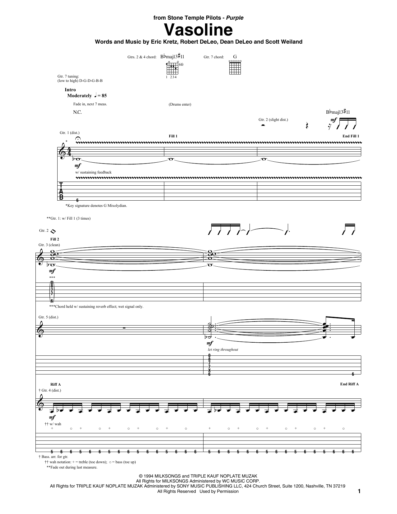 Download Stone Temple Pilots Vasoline Sheet Music and learn how to play Guitar Tab PDF digital score in minutes