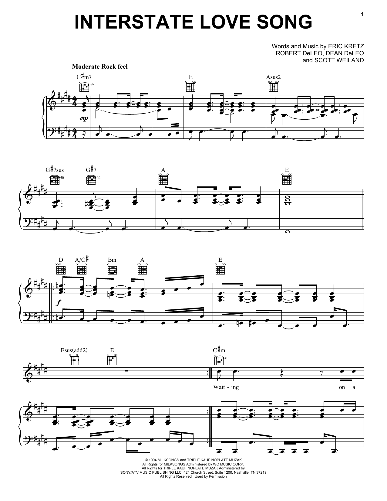 Stone Temple Pilots Interstate Love Song Sheet Music Notes Chords Guitar Tab Play Along Download Pop Pdf