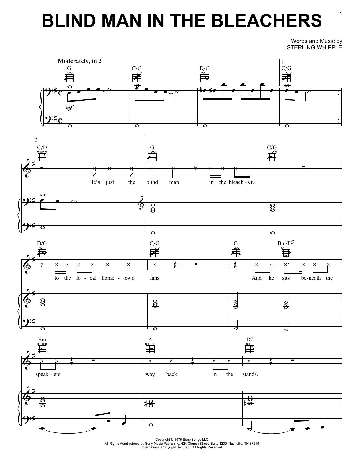 Download Stones River Ranch Boys Blind Man In The Bleachers Sheet Music and learn how to play Piano, Vocal & Guitar Chords (Right-Hand Melody) PDF digital score in minutes