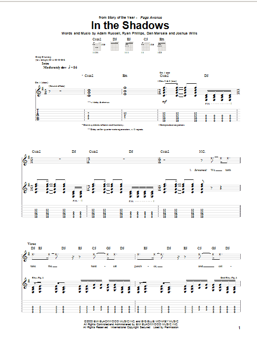 Download Story Of The Year In The Shadows Sheet Music and learn how to play Guitar Tab PDF digital score in minutes