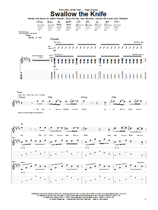 Download Story Of The Year Swallow The Knife Sheet Music and learn how to play Guitar Tab PDF digital score in minutes