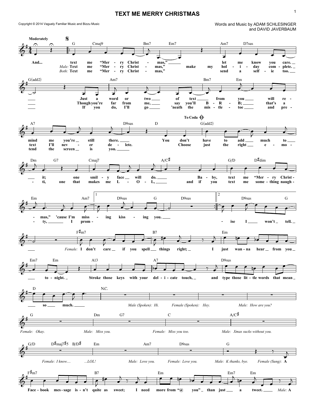 Download Adam Schlesinger Text Me Merry Christmas Sheet Music and learn how to play Melody Line, Lyrics & Chords PDF digital score in minutes
