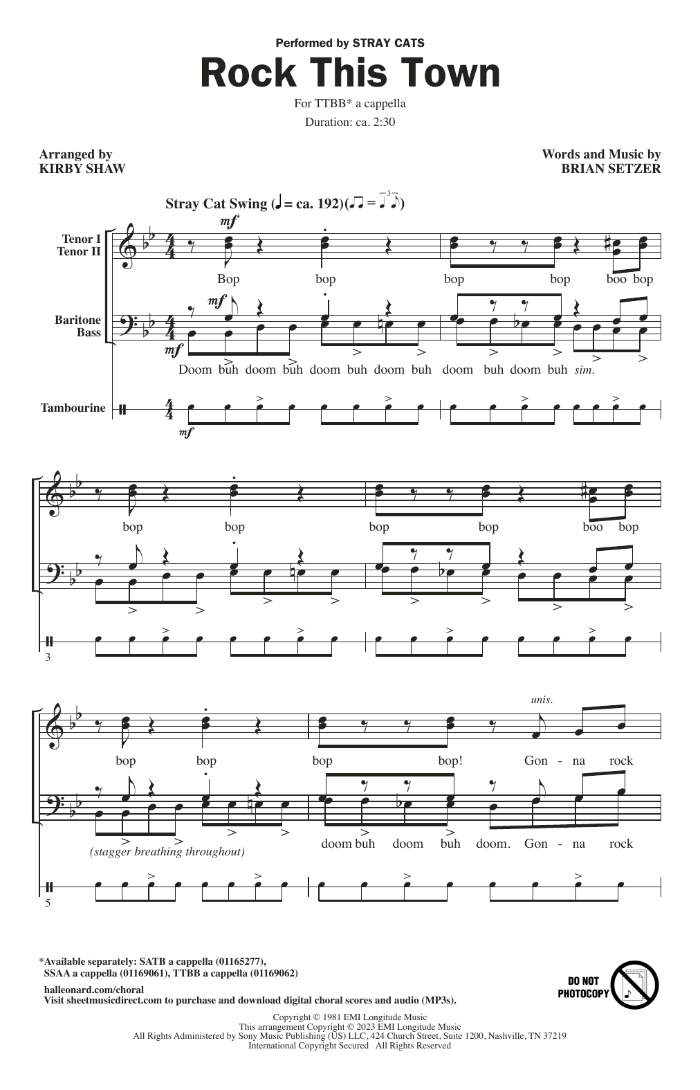 Download Stray Cats Rock This Town (arr. Kirby Shaw) Sheet Music and learn how to play SATB Choir PDF digital score in minutes