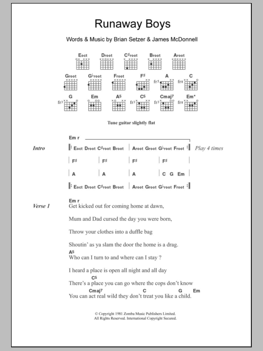 Download Stray Cats Runaway Boys Sheet Music and learn how to play Lyrics & Chords PDF digital score in minutes