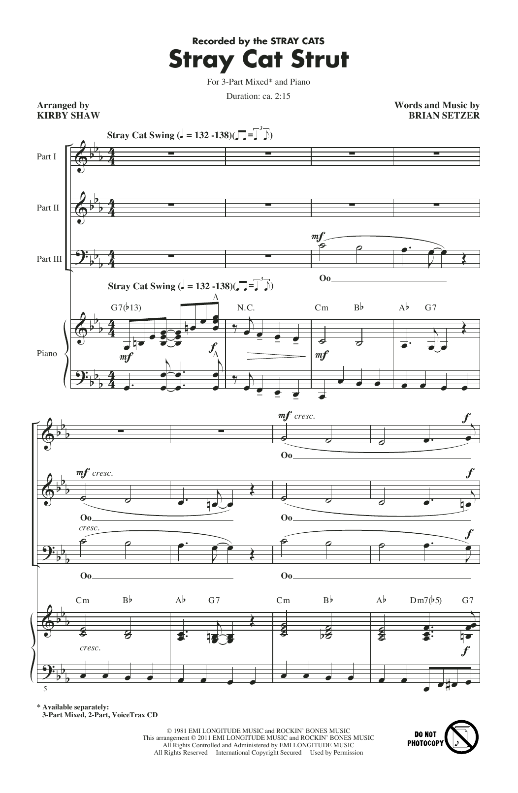 Download Stray Cats Stray Cat Strut (arr. Kirby Shaw) Sheet Music and learn how to play 3-Part Mixed Choir PDF digital score in minutes