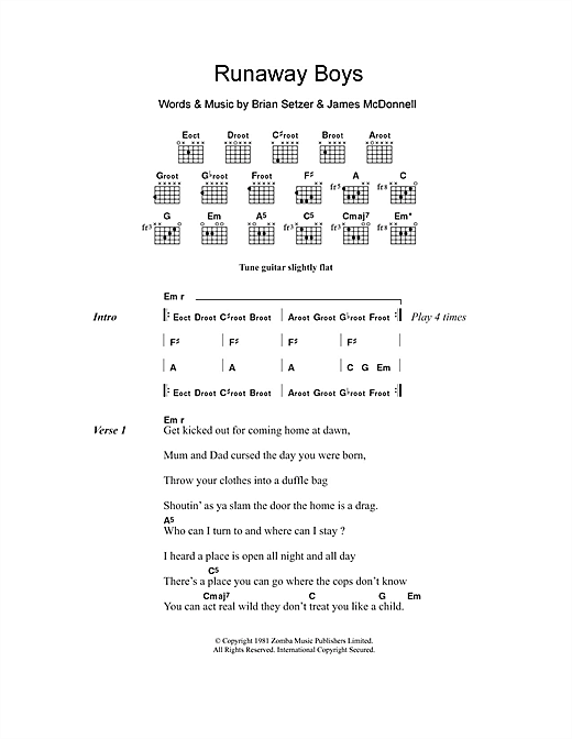 Download Stray Cats Runaway Boys Sheet Music and learn how to play Lyrics & Chords PDF digital score in minutes