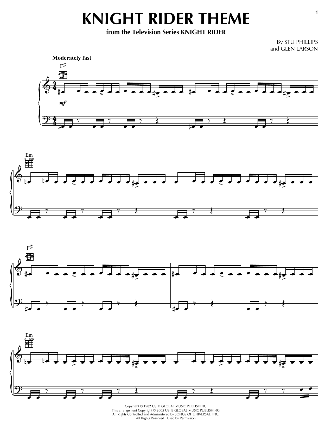 Download Stu Phillips Knight Rider Theme Sheet Music and learn how to play Piano PDF digital score in minutes