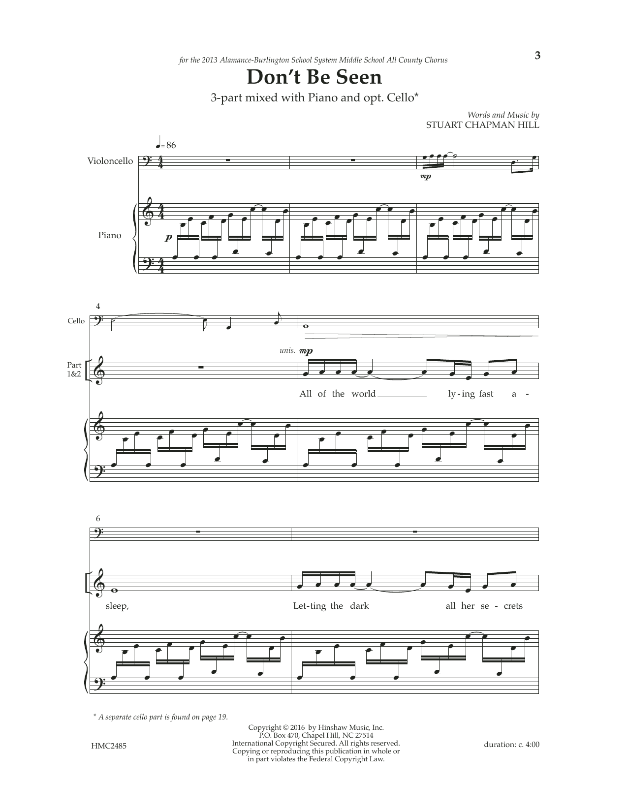 Download Stuart Chapman Hill Don't Be Seen Sheet Music and learn how to play 3-Part Mixed Choir PDF digital score in minutes