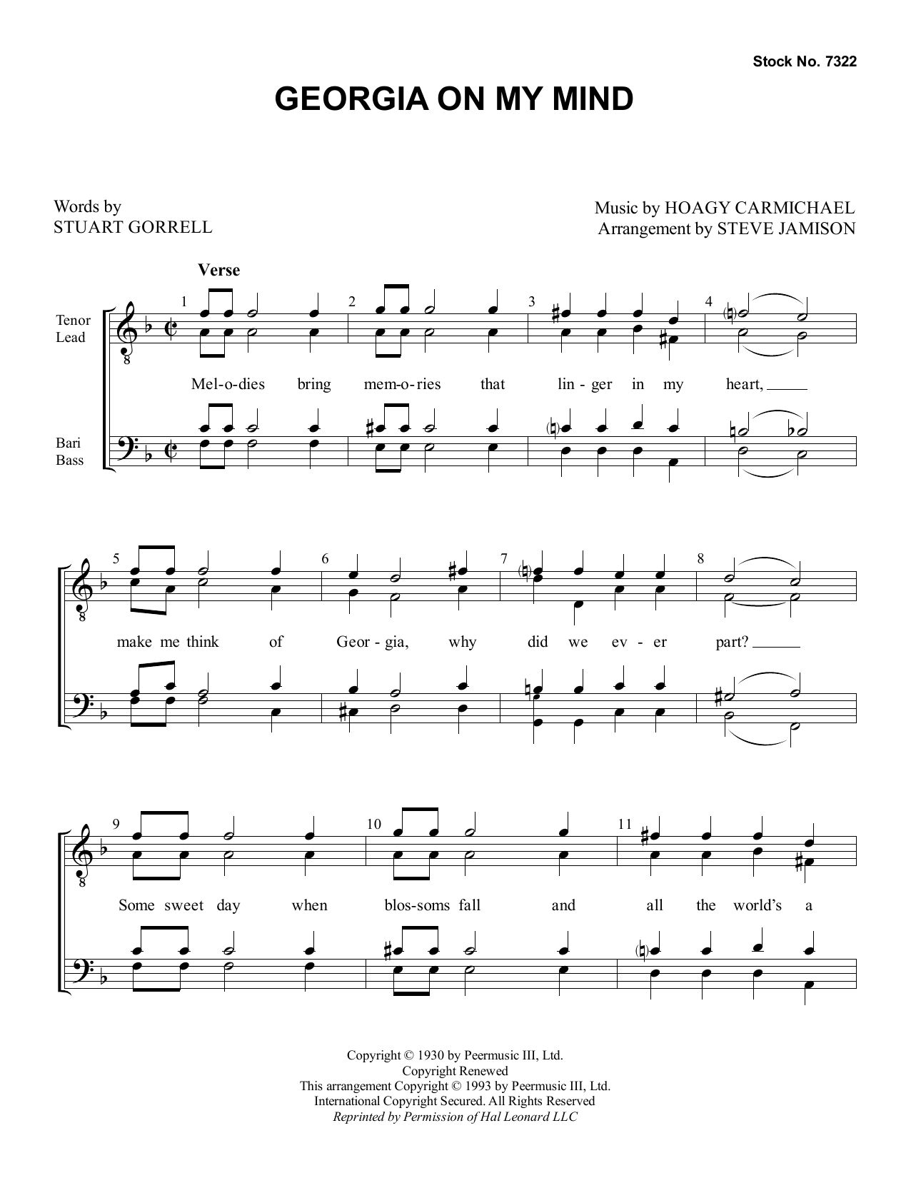 Download Stuart Gorrell and Hoagy Carmichael Georgia on My Mind (arr. Steve Jamison) Sheet Music and learn how to play TTBB Choir PDF digital score in minutes