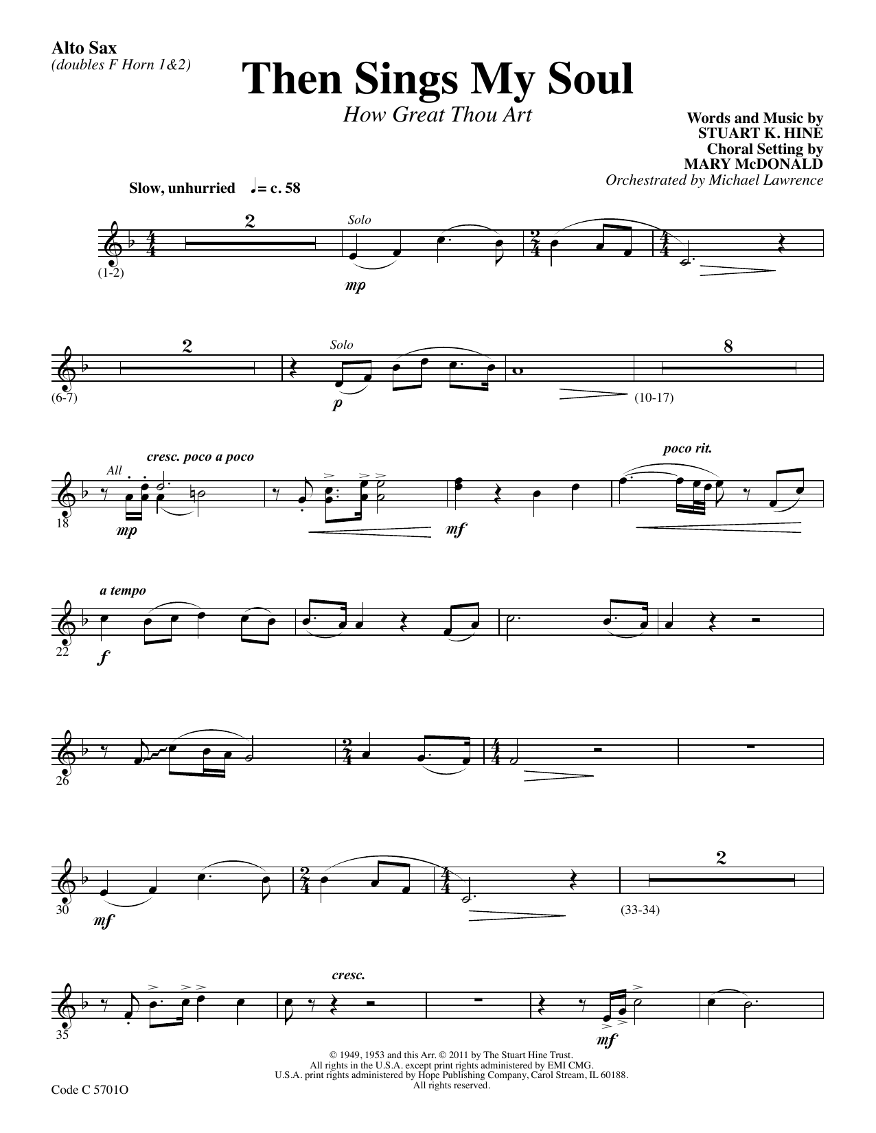 Download Stuart K. Hine Then Sings My Soul (How Great Thou Art) - Alto Sax Sheet Music and learn how to play Choir Instrumental Pak PDF digital score in minutes