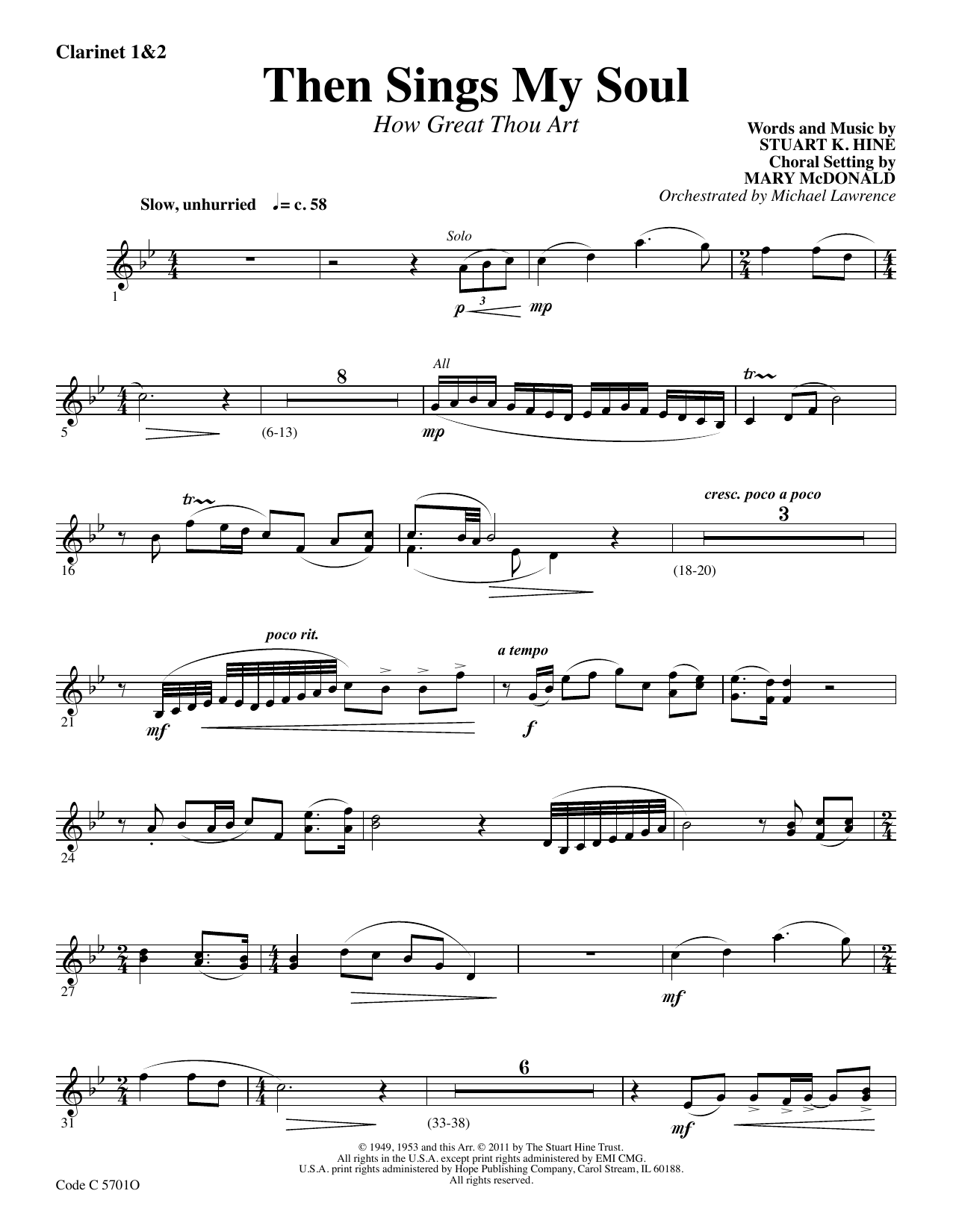 Download Stuart K. Hine Then Sings My Soul (How Great Thou Art) - Bb Clarinet 1 & 2 Sheet Music and learn how to play Choir Instrumental Pak PDF digital score in minutes