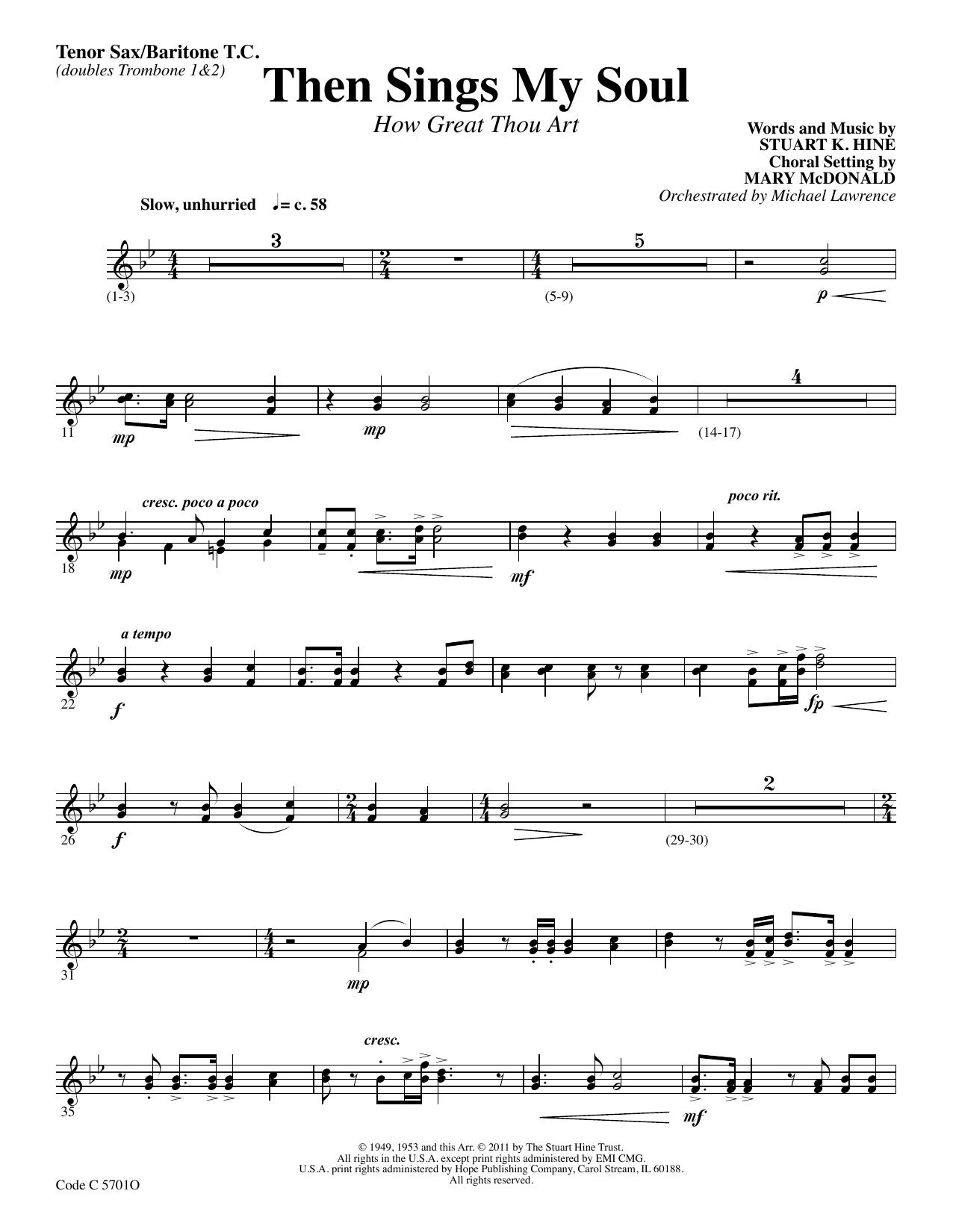 Download Stuart K. Hine Then Sings My Soul (How Great Thou Art) - Bb Tenor Sax/Baritone TC Sheet Music and learn how to play Choir Instrumental Pak PDF digital score in minutes