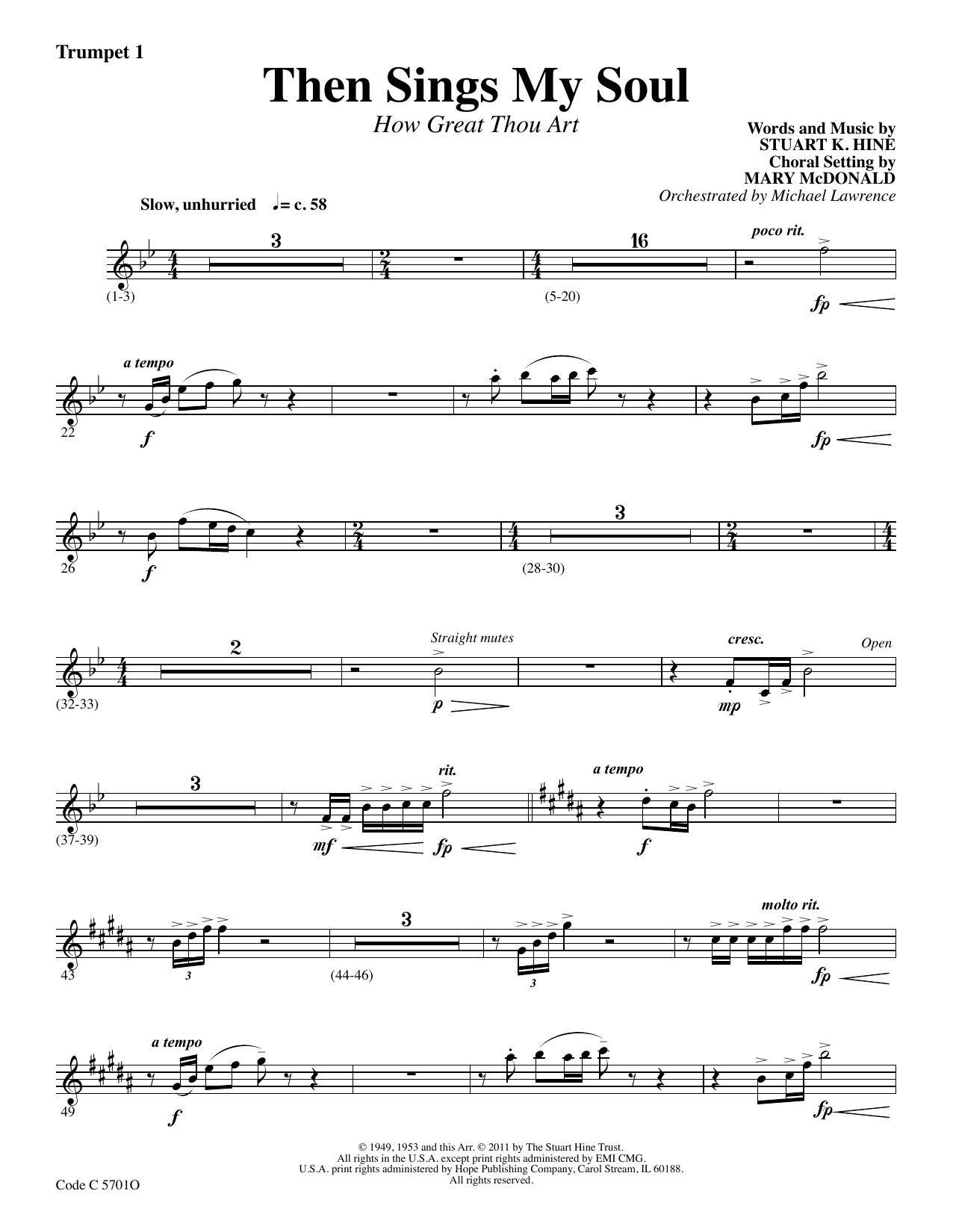 Download Stuart K. Hine Then Sings My Soul (How Great Thou Art) - Bb Trumpet 1 Sheet Music and learn how to play Choir Instrumental Pak PDF digital score in minutes