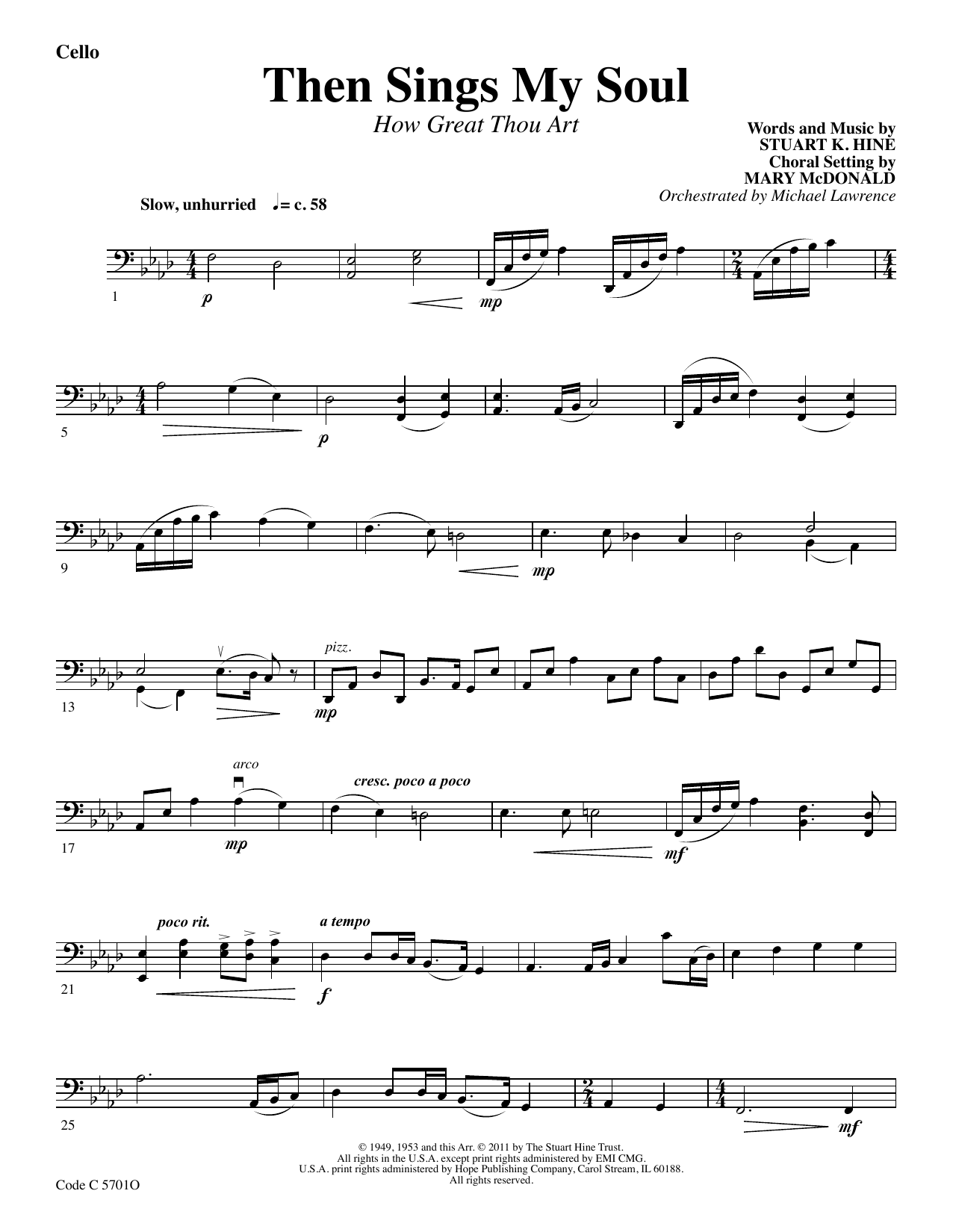 Download Stuart K. Hine Then Sings My Soul (How Great Thou Art) - Cello Sheet Music and learn how to play Choir Instrumental Pak PDF digital score in minutes