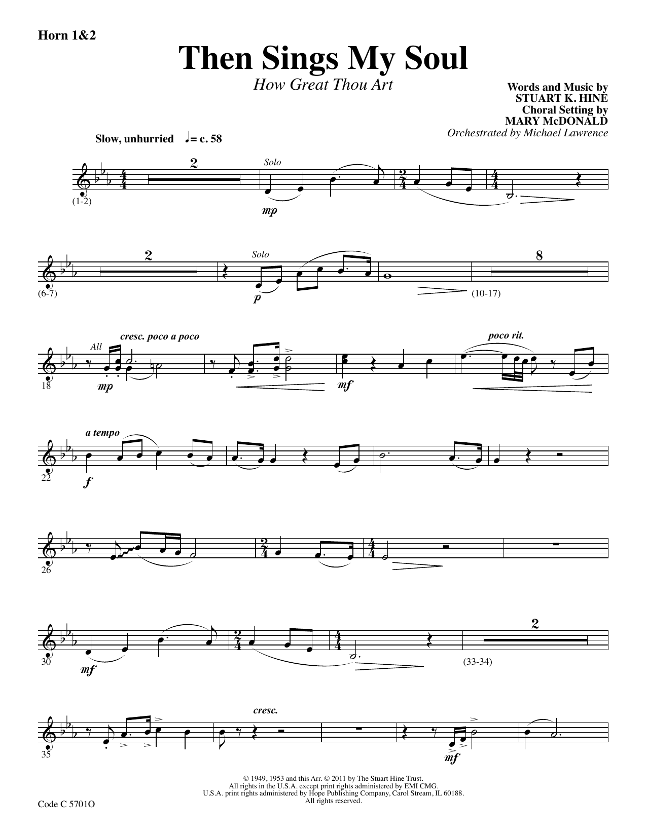 Download Stuart K. Hine Then Sings My Soul (How Great Thou Art) - F Horn 1,2 Sheet Music and learn how to play Choir Instrumental Pak PDF digital score in minutes
