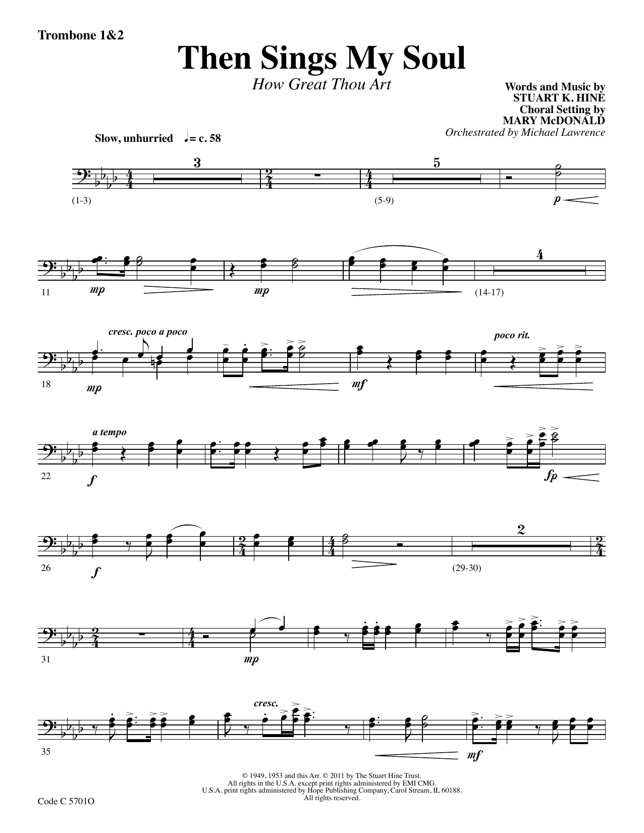 Download Stuart K. Hine Then Sings My Soul (How Great Thou Art) - Trombone 1 & 2 Sheet Music and learn how to play Choir Instrumental Pak PDF digital score in minutes