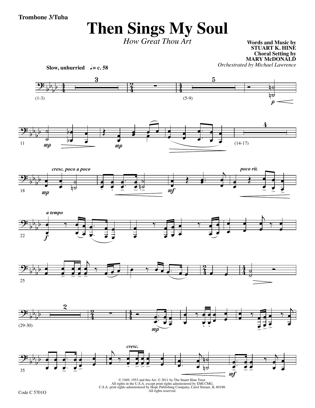 Download Stuart K. Hine Then Sings My Soul (How Great Thou Art) - Trombone 3/Tuba Sheet Music and learn how to play Choir Instrumental Pak PDF digital score in minutes