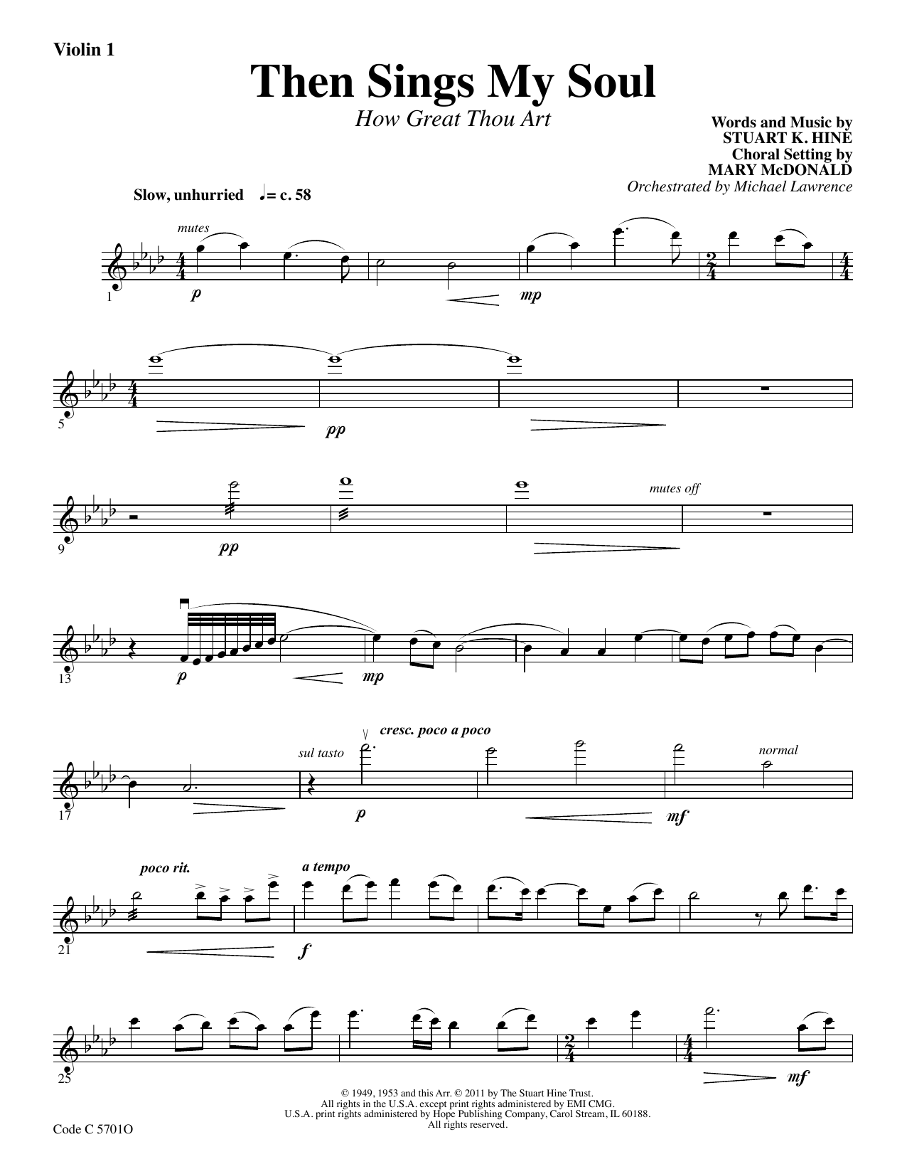 Download Stuart K. Hine Then Sings My Soul (How Great Thou Art) - Violin 1 Sheet Music and learn how to play Choir Instrumental Pak PDF digital score in minutes