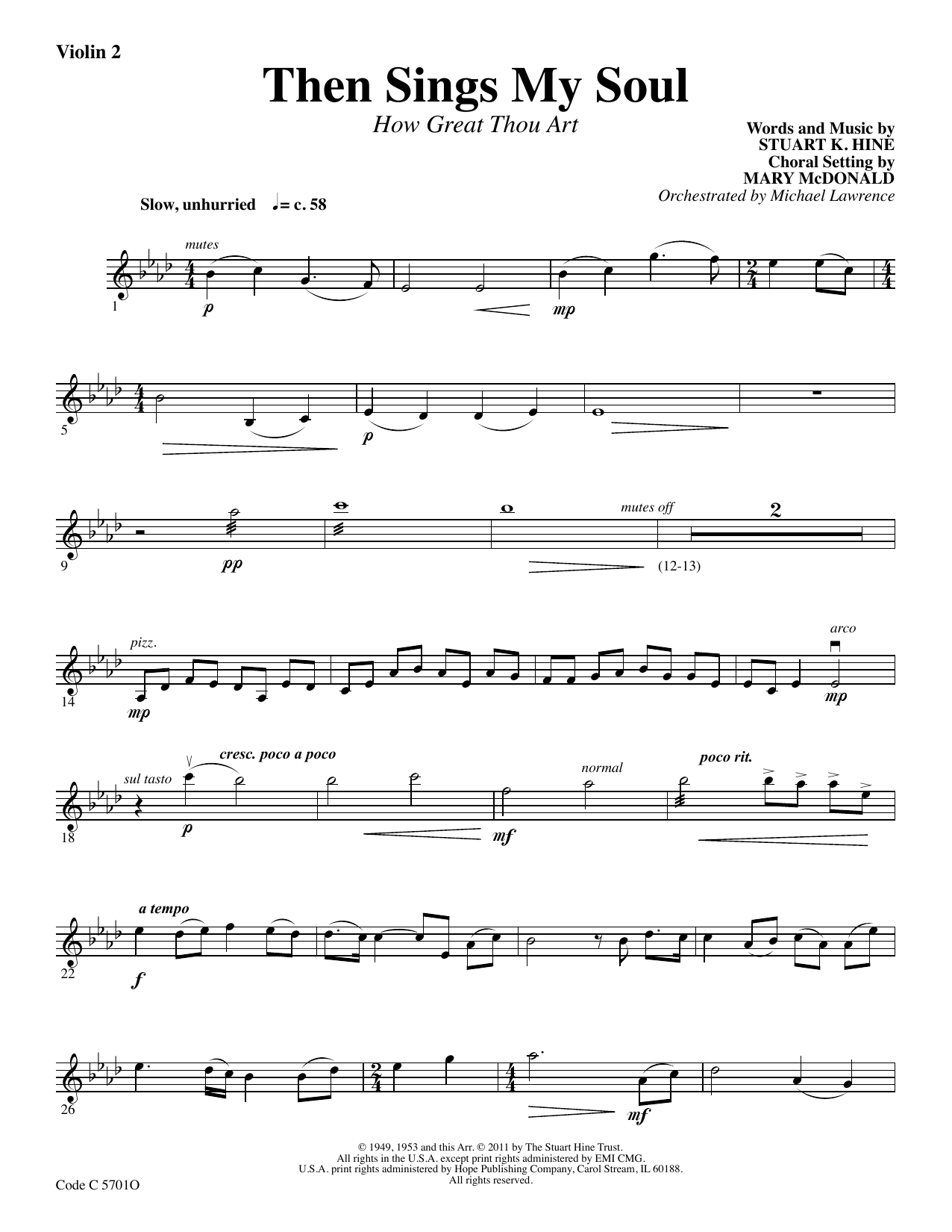 Download Stuart K. Hine Then Sings My Soul (How Great Thou Art) - Violin 2 Sheet Music and learn how to play Choir Instrumental Pak PDF digital score in minutes