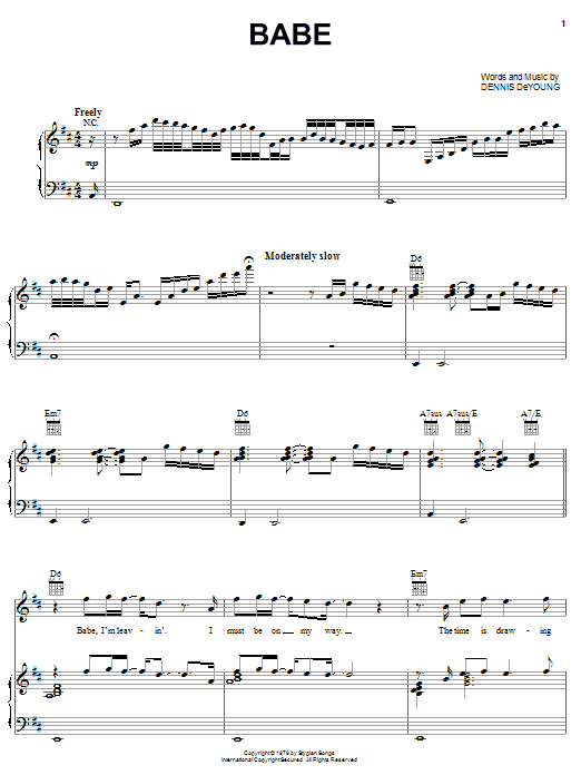 Download Styx Babe Sheet Music and learn how to play Easy Piano PDF digital score in minutes